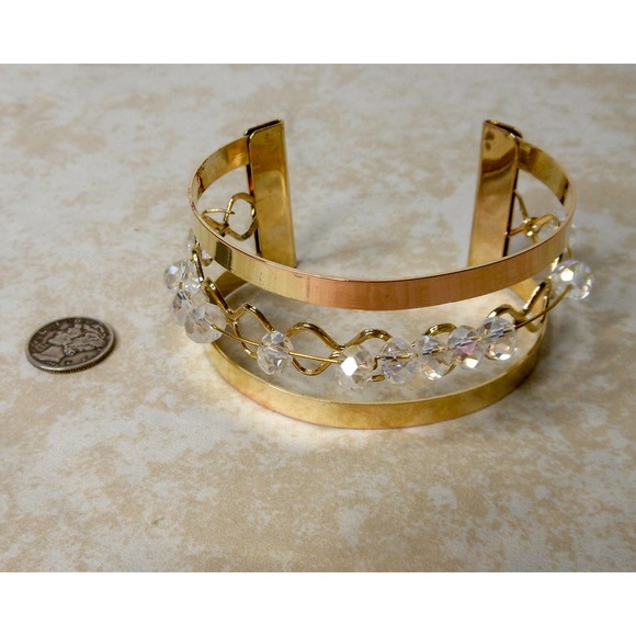 Vintage Art Deco Style Rhinestone Gold Tone Cuff Bracelet , Sliding Beads - Picture 4 of 6